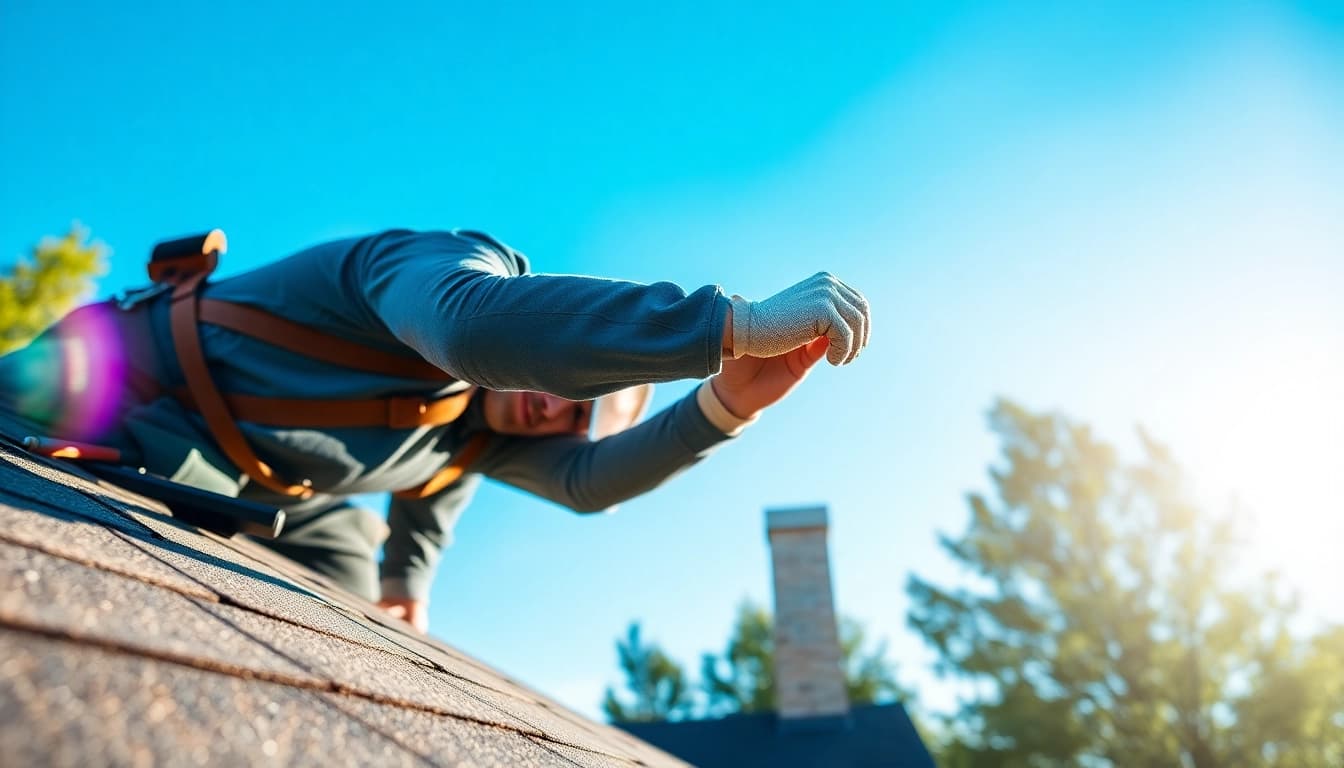 Showcasing Professional roofing services with a skilled roofer installing shingles under bright sunlight.