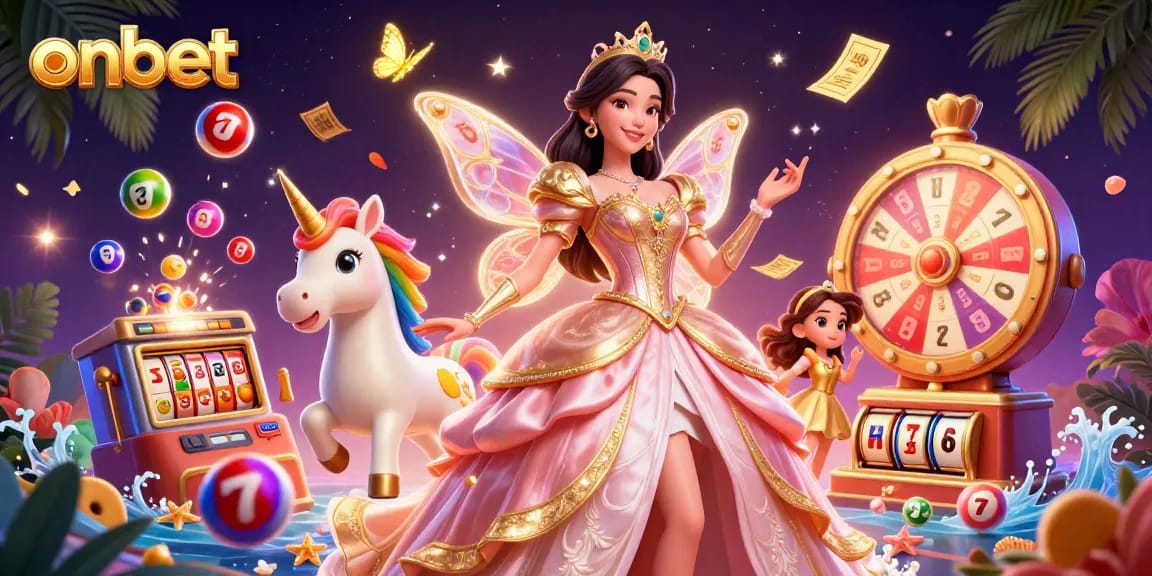 Experience the excitement at onbet with vibrant gaming scenes, featuring a glamorous character and colorful casino elements.