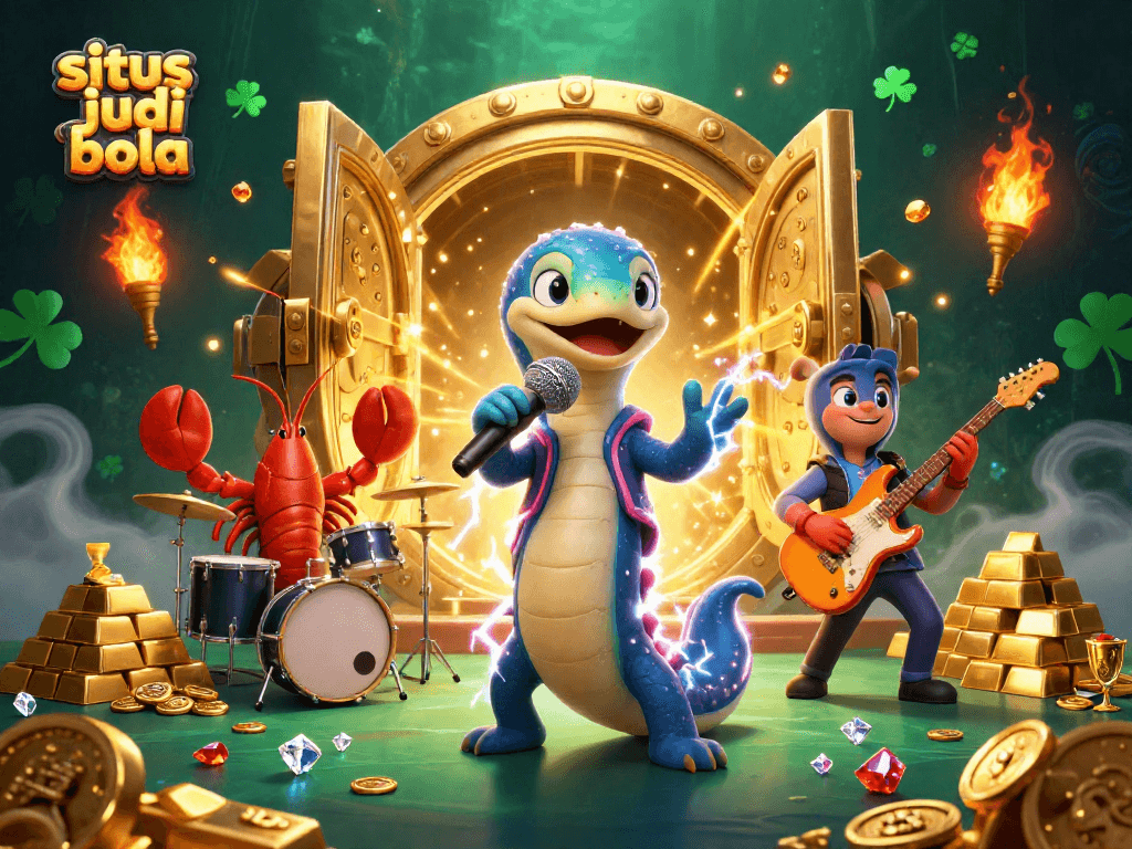 SBOBET88 showcases exciting situs judi bola action with vibrant characters and treasure-filled casino scene.