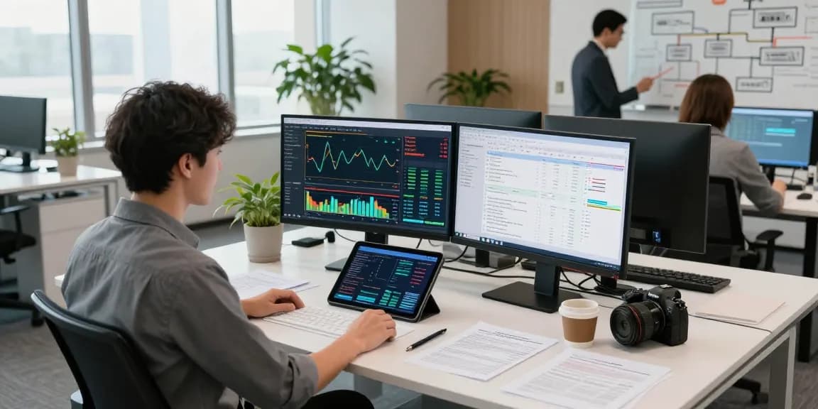 Asset tracing analyst working with advanced software and data in a modern office.