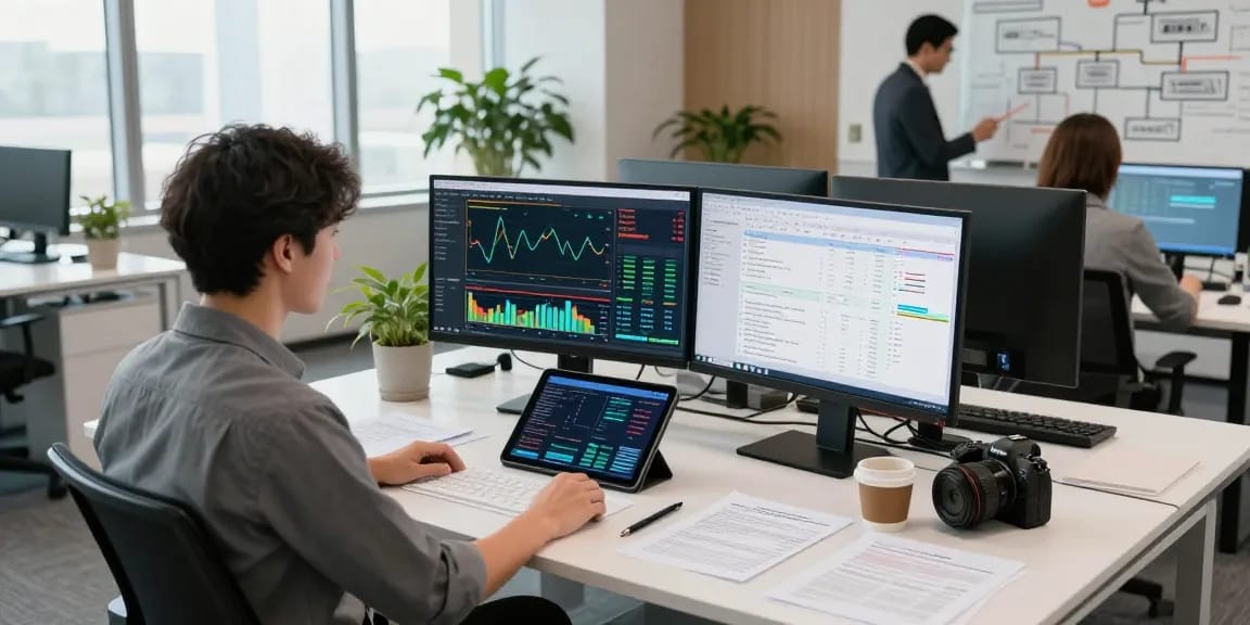 Asset tracing analyst working with advanced software and data in a modern office.