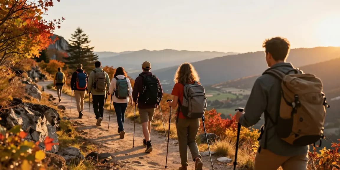 Syair menang: Teman berpetualang di jalur gunung saat matahari terbenam.