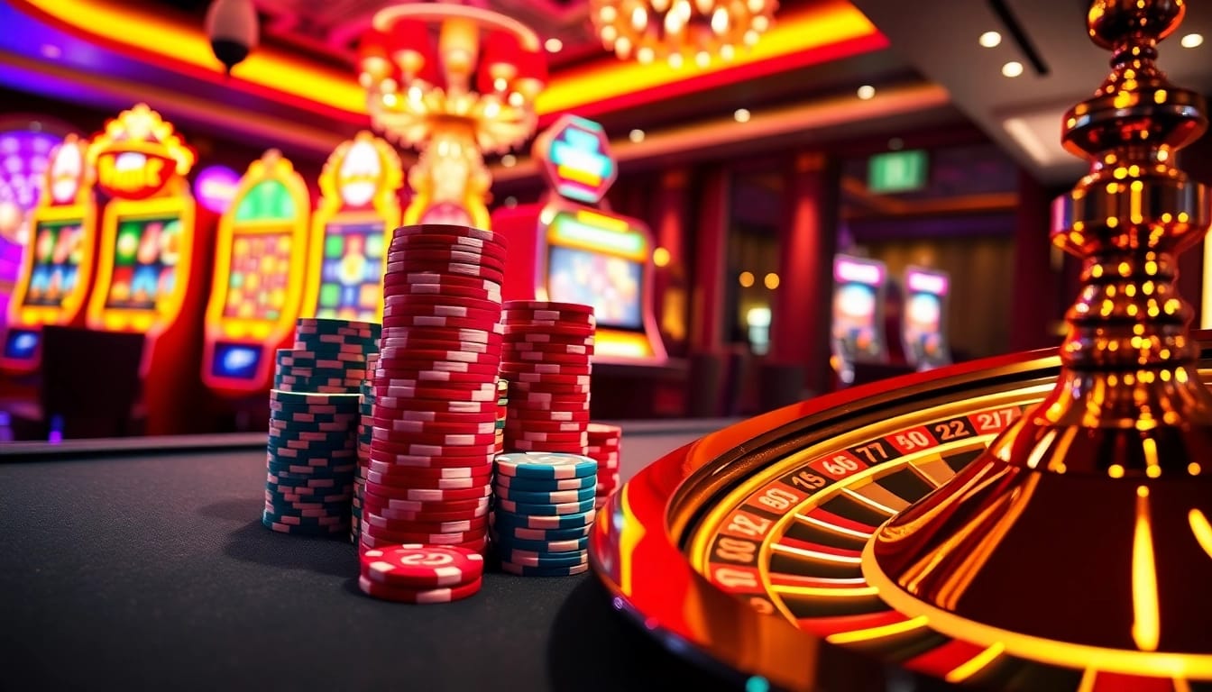 Experience the excitement of pg slot games at a luxurious casino table adorned with vibrant poker chips and illuminated slot machines.