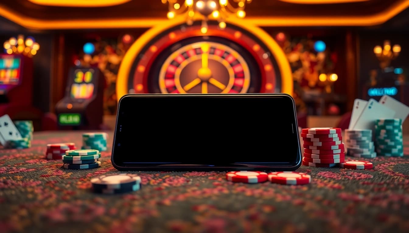 S8 smartphone enhances casino excitement amid poker chips and roulette wheel.