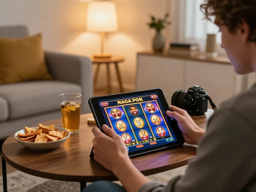 Engaged player enjoying nagapoker slot on tablet at home, showcasing vibrant graphics and a cozy gaming atmosphere.
