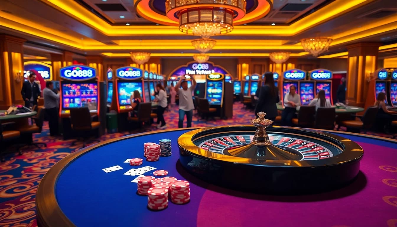 GO88 gaming table scene with poker chips and roulette wheel in a luxurious casino.