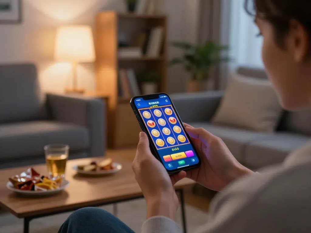 Engaging with the download apk slot bet 50 perak mobile app, enjoying a colorful slot game in a cozy living room.