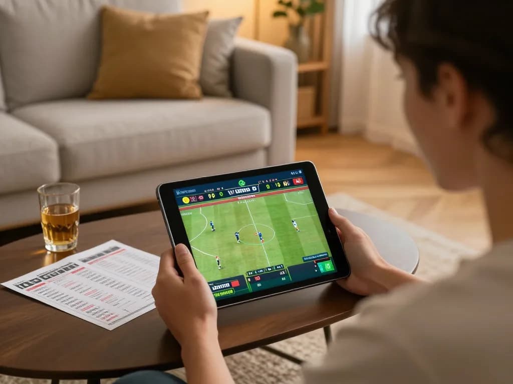 Engaging in online betting with migliori siti scommesse stranieri on a tablet in a cozy living room.