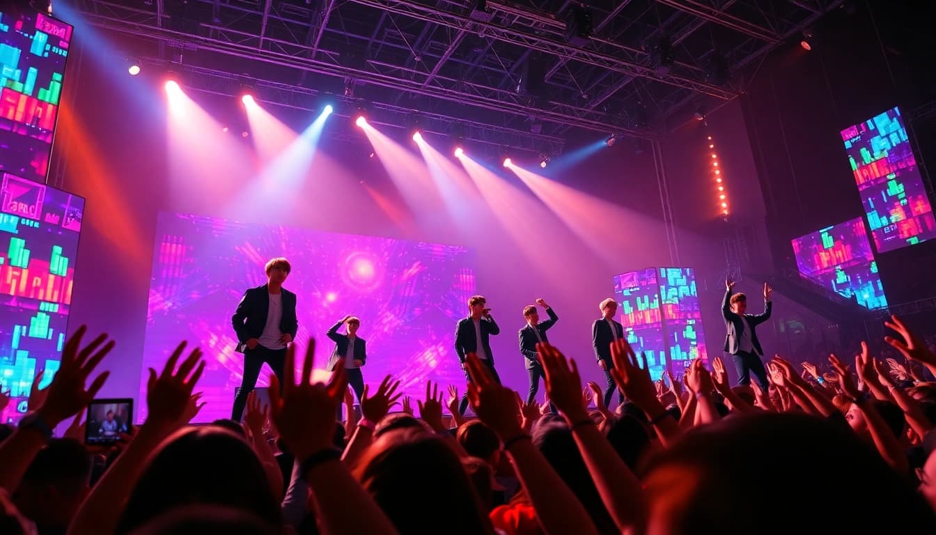 BTS news showcases vibrant concert performance with audience cheering, highlighting K-pop energy.