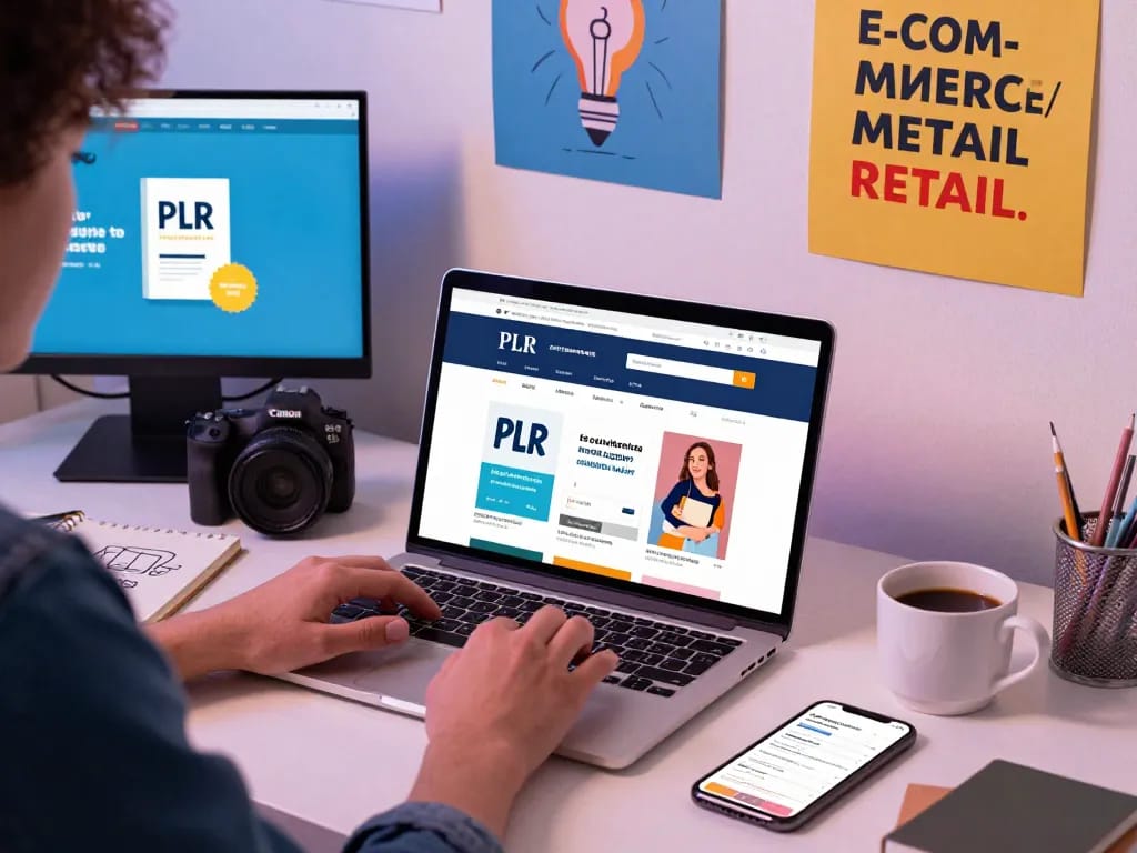 Buy PLR Products Online in a vibrant e-commerce workspace with a laptop displaying digital products and motivational workspace elements.