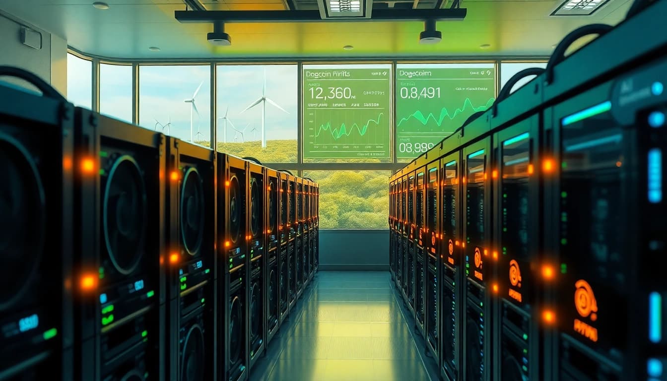 Visual representation of dogecoin cloud mining profit with advanced AI technology and renewable energy sources.