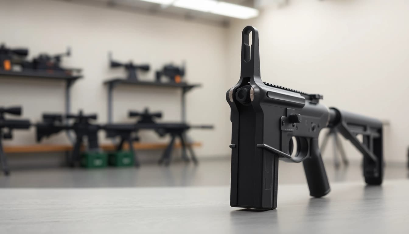 WOT trigger for AR15 showcased in a minimalist indoor shooting range setting.