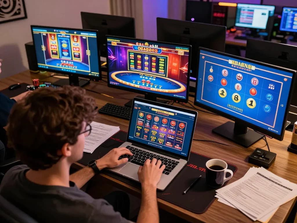 Engaged player exploring casino online stranieri on multiple screens from a cozy home setup