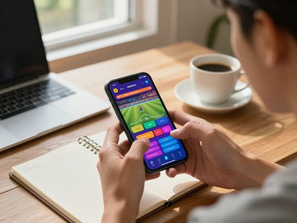 Engaging in sports betting with 7m app on smartphone from a cozy home workspace.