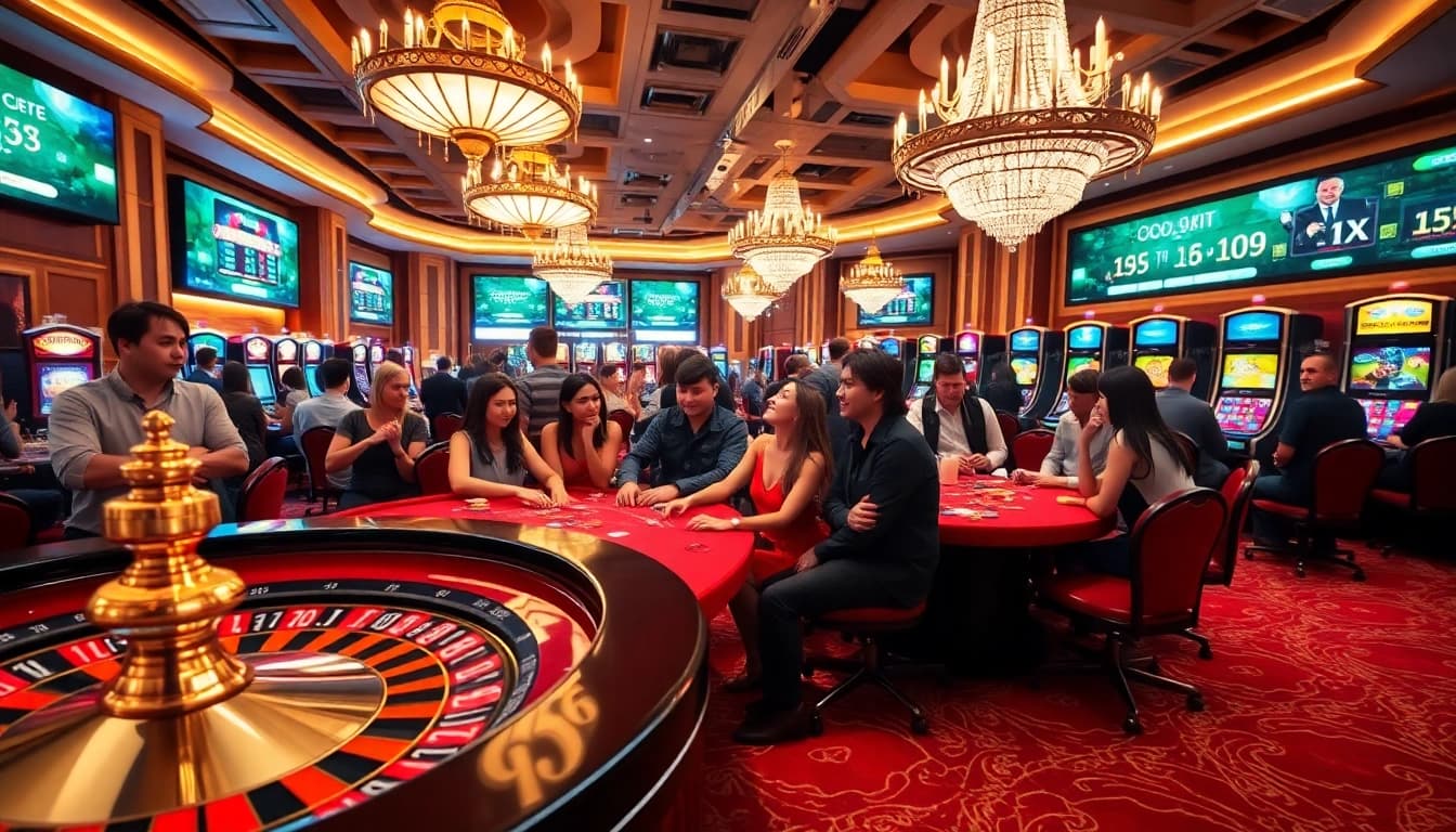 A lively casino scene featuring poker tables and roulette wheels at https://okfun.page, showcasing gamblers' excitement.