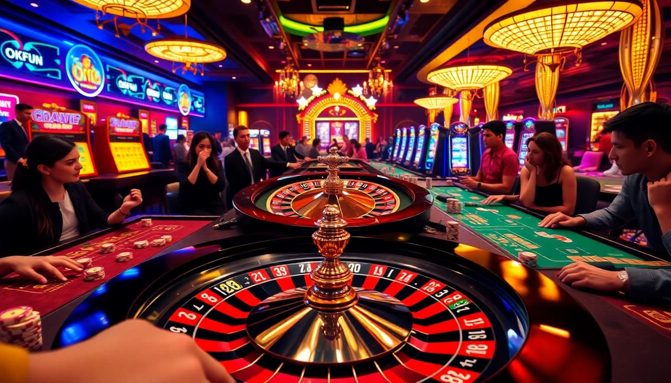 Players enjoying a luxurious gaming experience at OKFUN casino with vibrant roulette wheels and poker tables.