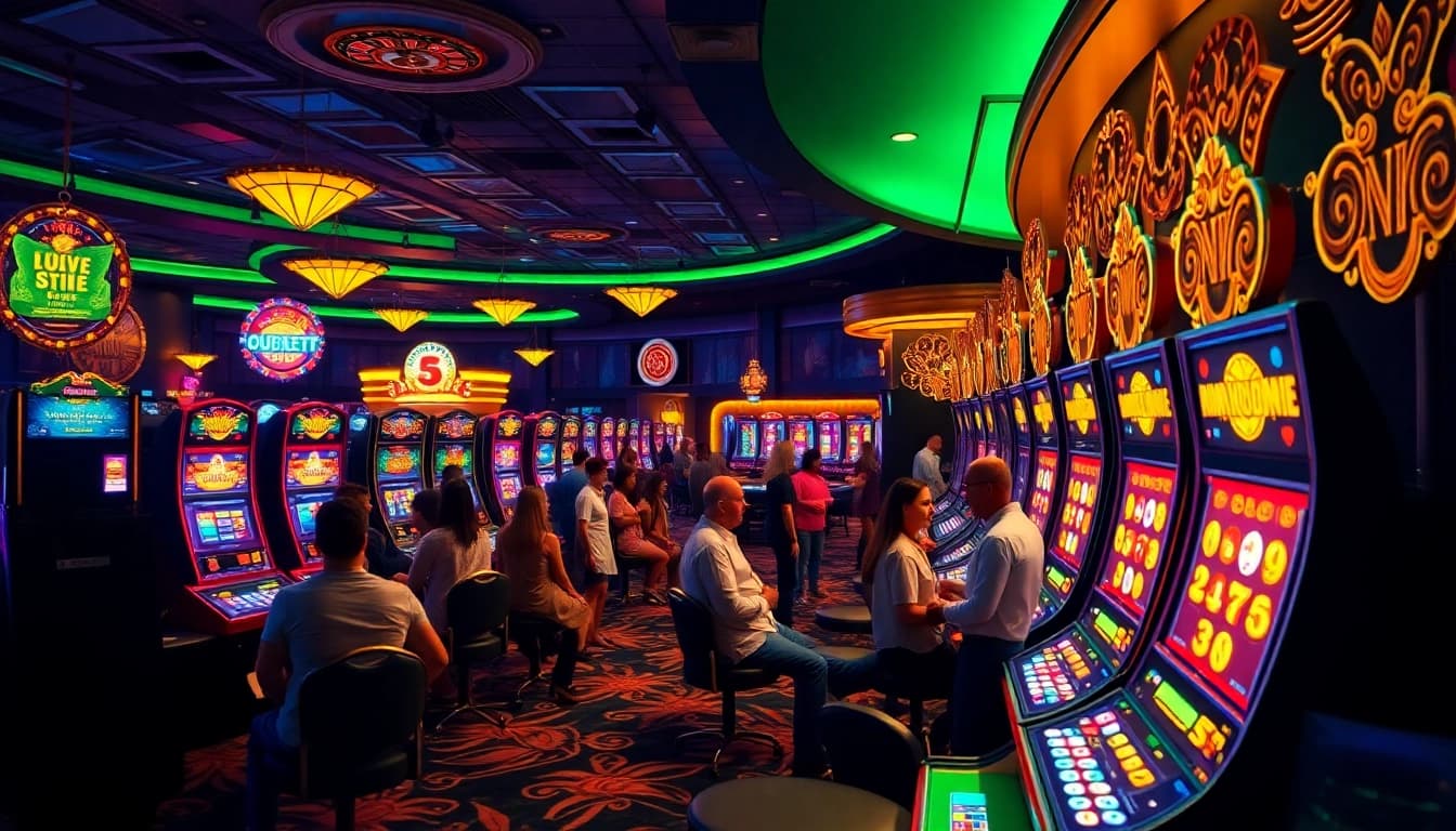 An exciting scene showcasing onicplay slot machines in a luxurious casino environment filled with vibrant lights and eager players.