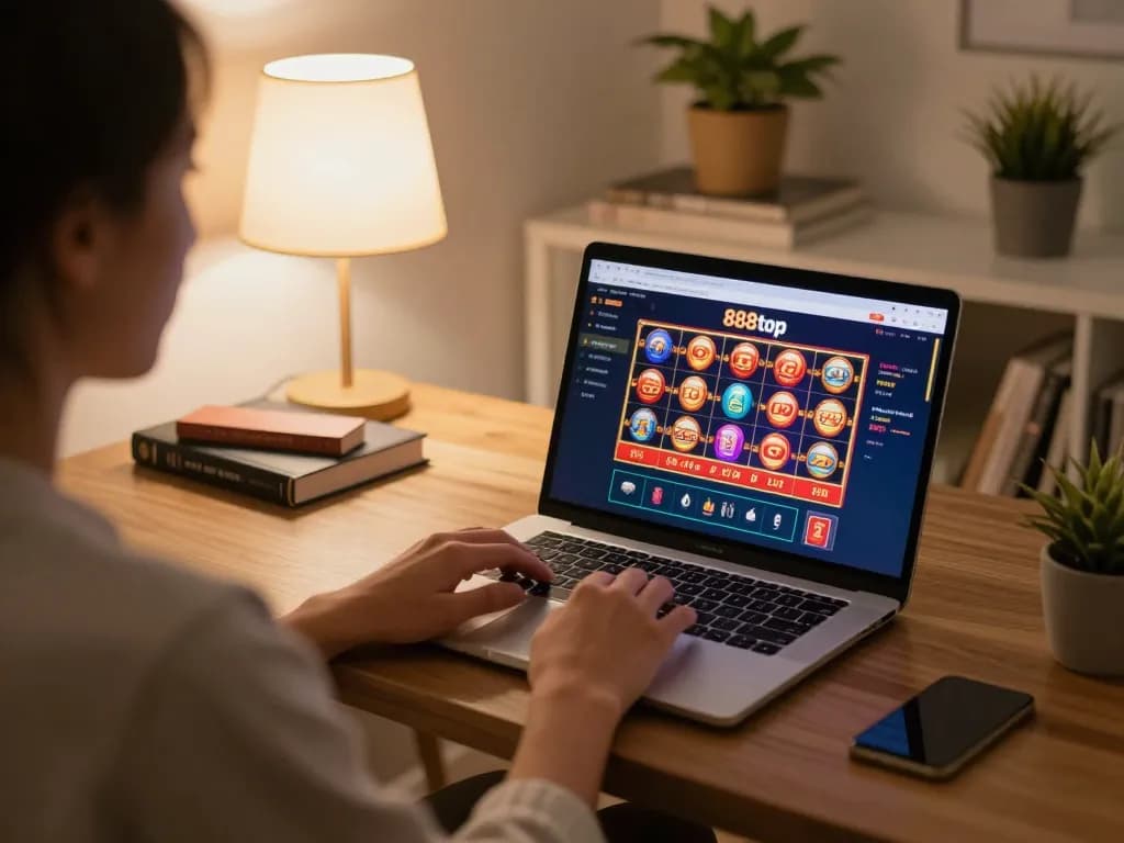Engaging with 888top online casino on a laptop, showcasing exciting gameplay in a comfortable living space
