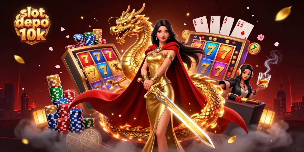 Spin the reels with slot depo 10k, featuring a warrior queen and dynamic casino elements.