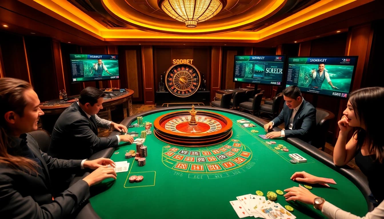 Experience sbobet betting action at a vibrant casino table with professional dealers and excited players.