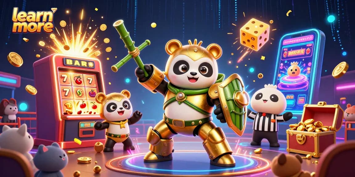 Engage with a 3D scene of a golden panda piloting a robot at a casino, learn more about online gaming excitement.
