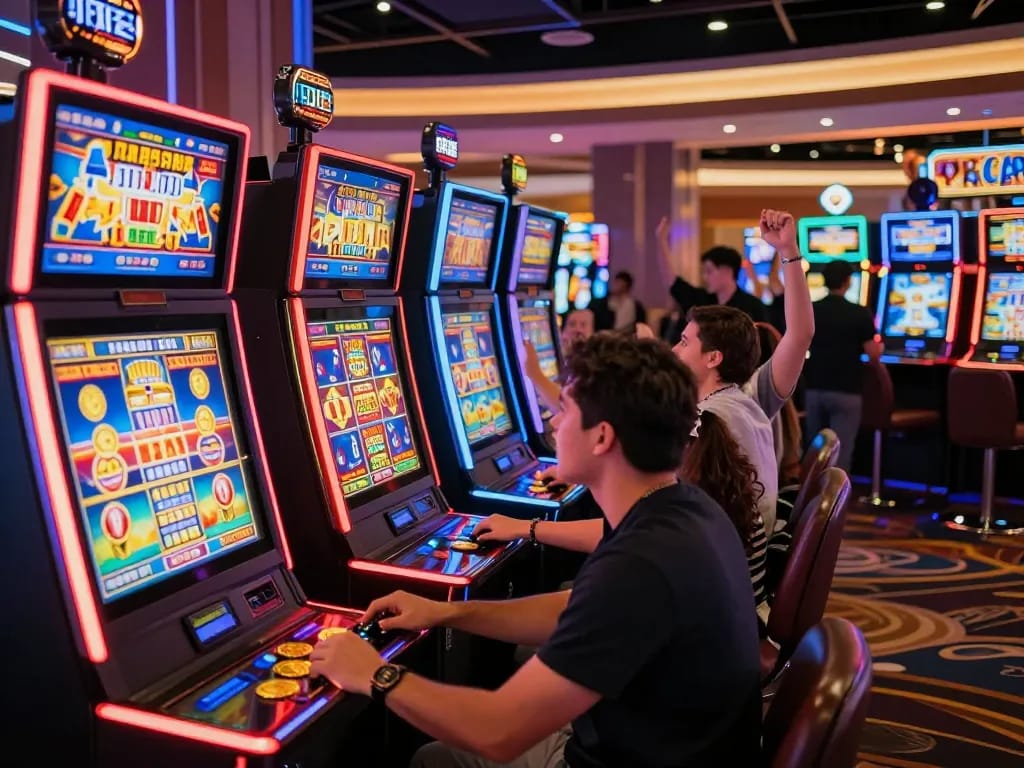Engaged players at slot gacor machines celebrating wins and enjoying the lively casino atmosphere