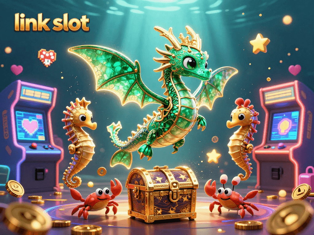 Permainan link slot menampilkan naga laut 3D dengan harta karun dibawa kepiting kecil dalam suasana arcade yang cerah.