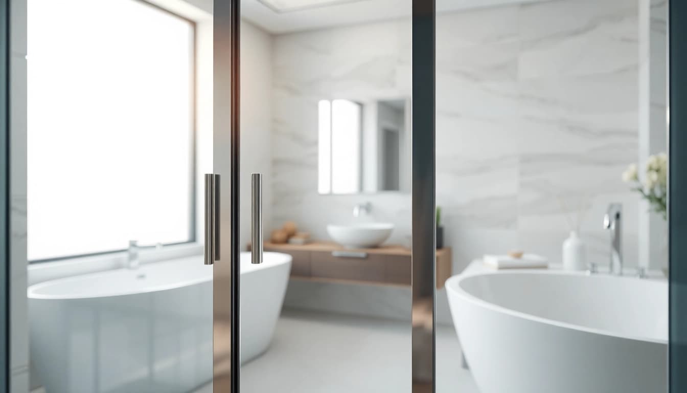 Showcase of sliding shower doors reflecting a modern bathroom design with elegance and style.