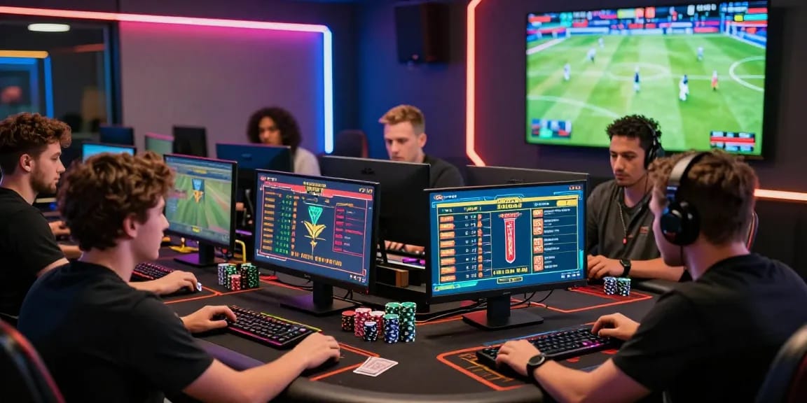 Online gambling players engaging in live betting, 瞭解內容 with diverse strategies in a vibrant gaming room.