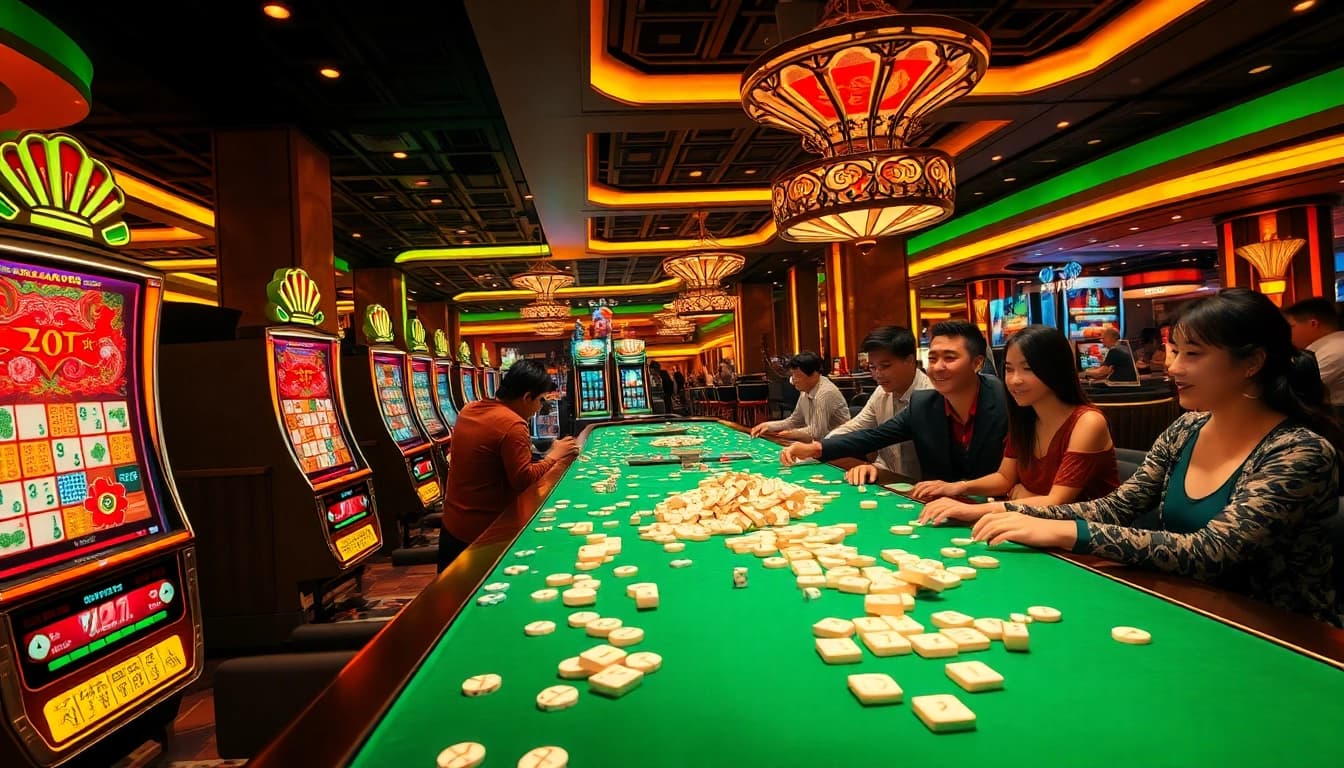 Engage in the mahjong slot demo game amidst a lively casino atmosphere with vibrant visuals.
