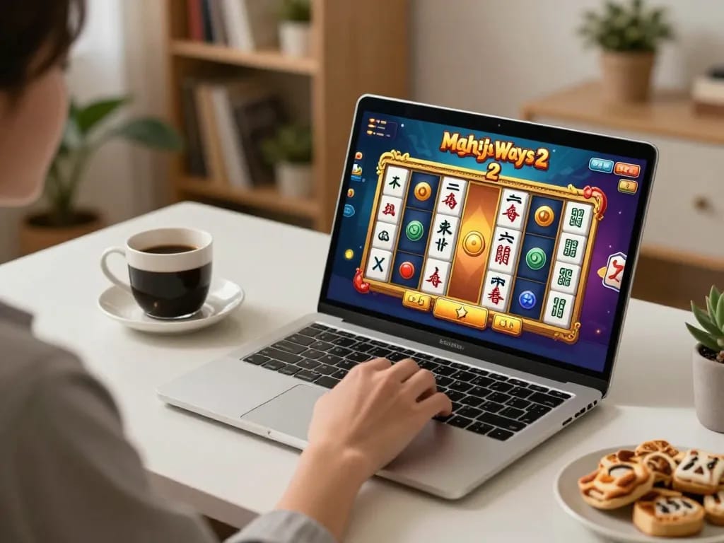 Player enjoying slot mahjong on their laptop, excitedly clicking the spin button in a cozy home setting.