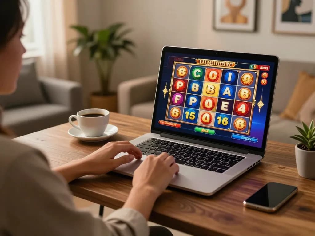 Engaging gameplay on a link slot while enjoying a cozy home setup, showcasing the online casino experience.