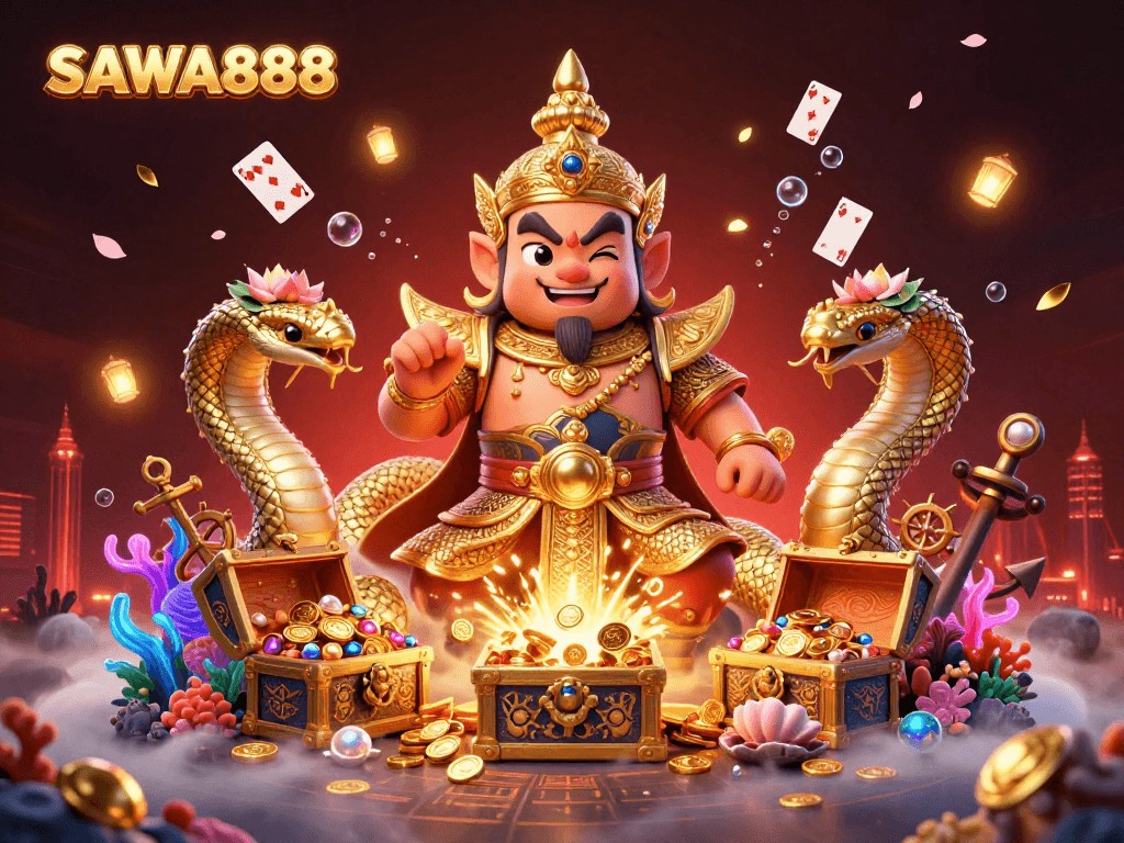 SAWA888 brings excitement with golden treasures, Naga guardians, and vibrant gaming elements in 3D.