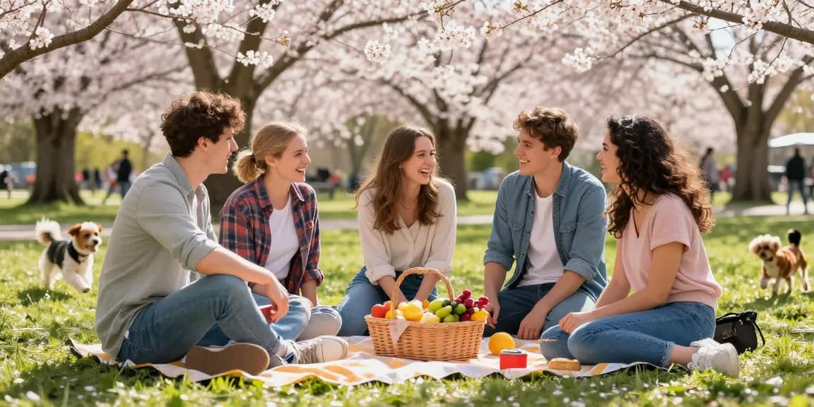 A group of friends enjoying a picnic in the park, sharing a moment about their crush on each other.