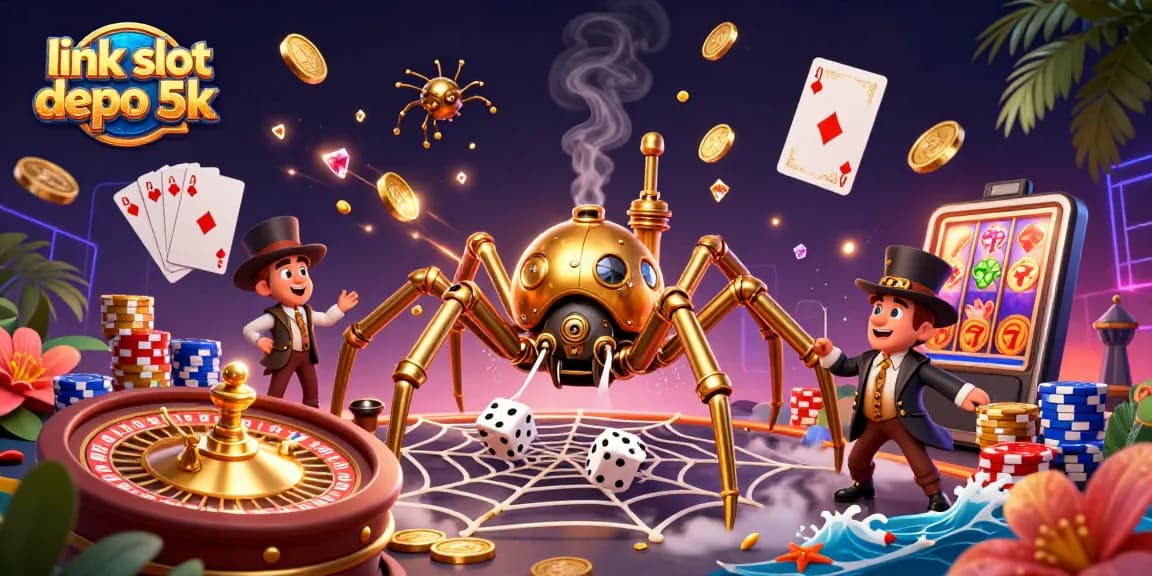 Engaging scene of link slot depo 5k with spinning reels, golden spider, and vibrant casino elements.