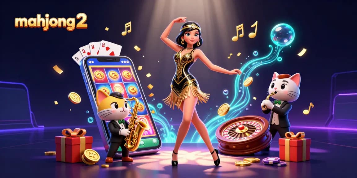 Engage with Mahjong 2 action as a flapper dances surrounded by themed casino elements.