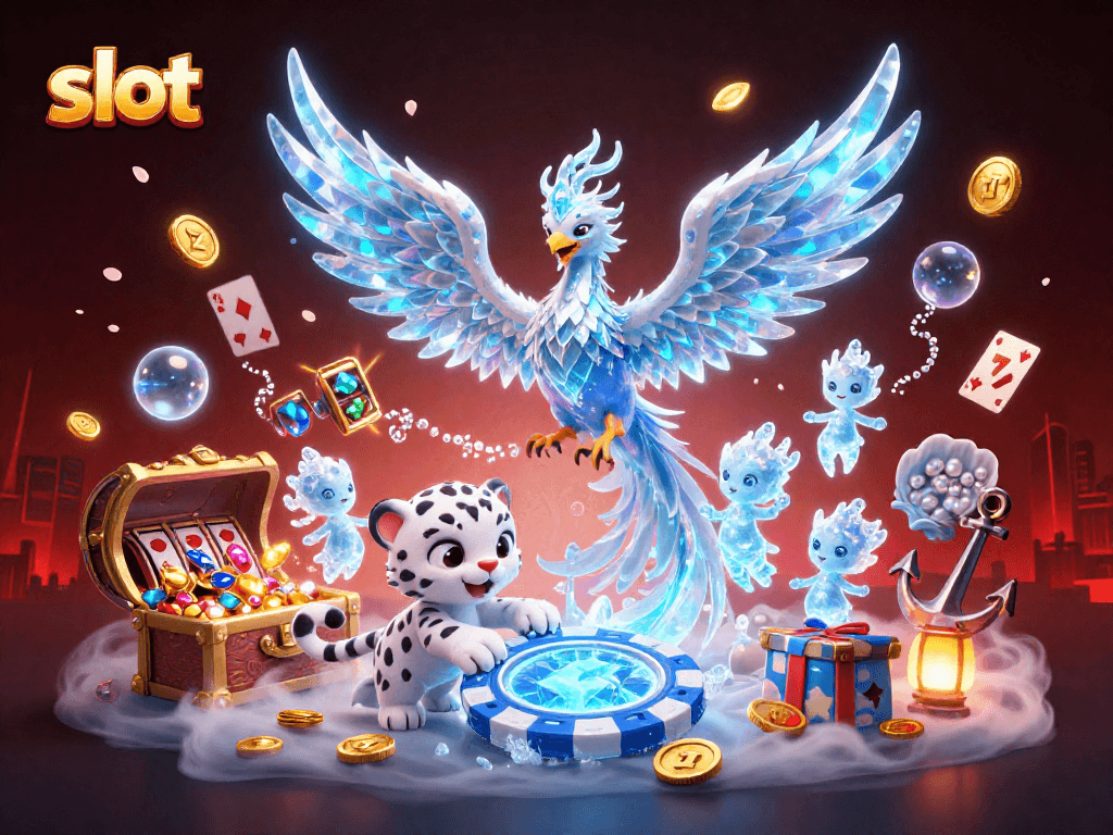 Engage in thrilling slot gameplay with an ice phoenix, playful snow leopard, and sparkling casino elements.