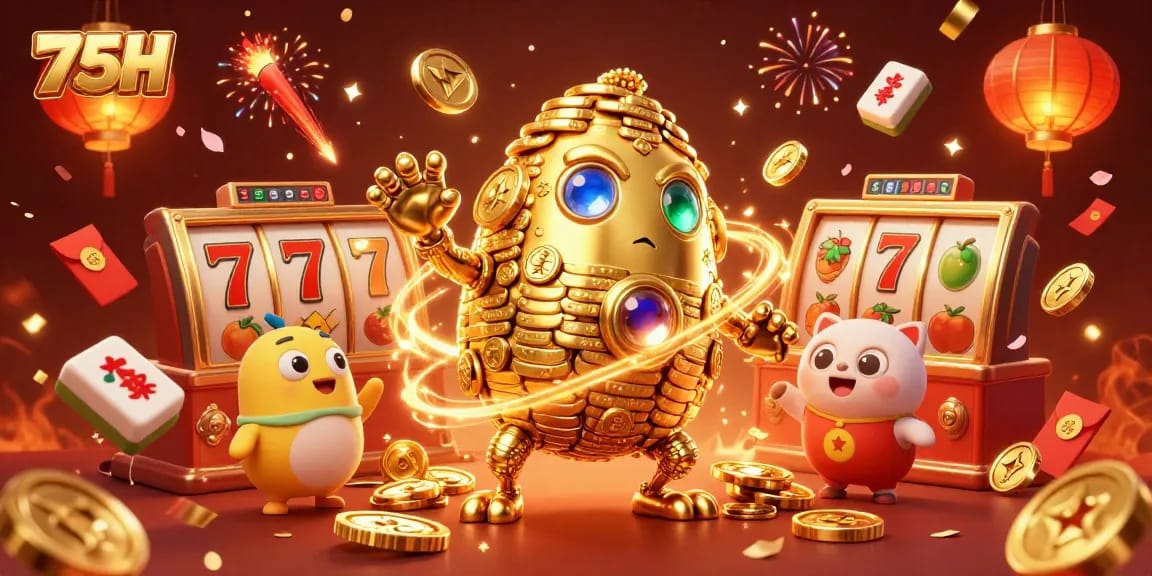 Atraia os jackpots com 75H, enquanto criaturas douradas dançam entre símbolos de caça-níqueis e lanternas iluminadas.