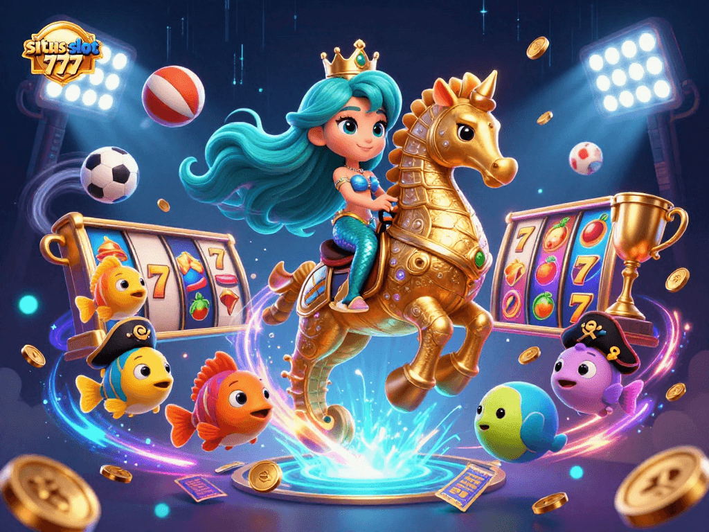 Engage with situs slot gacor 777 in a vibrant 3D scene featuring a mermaid princess and giant seahorse