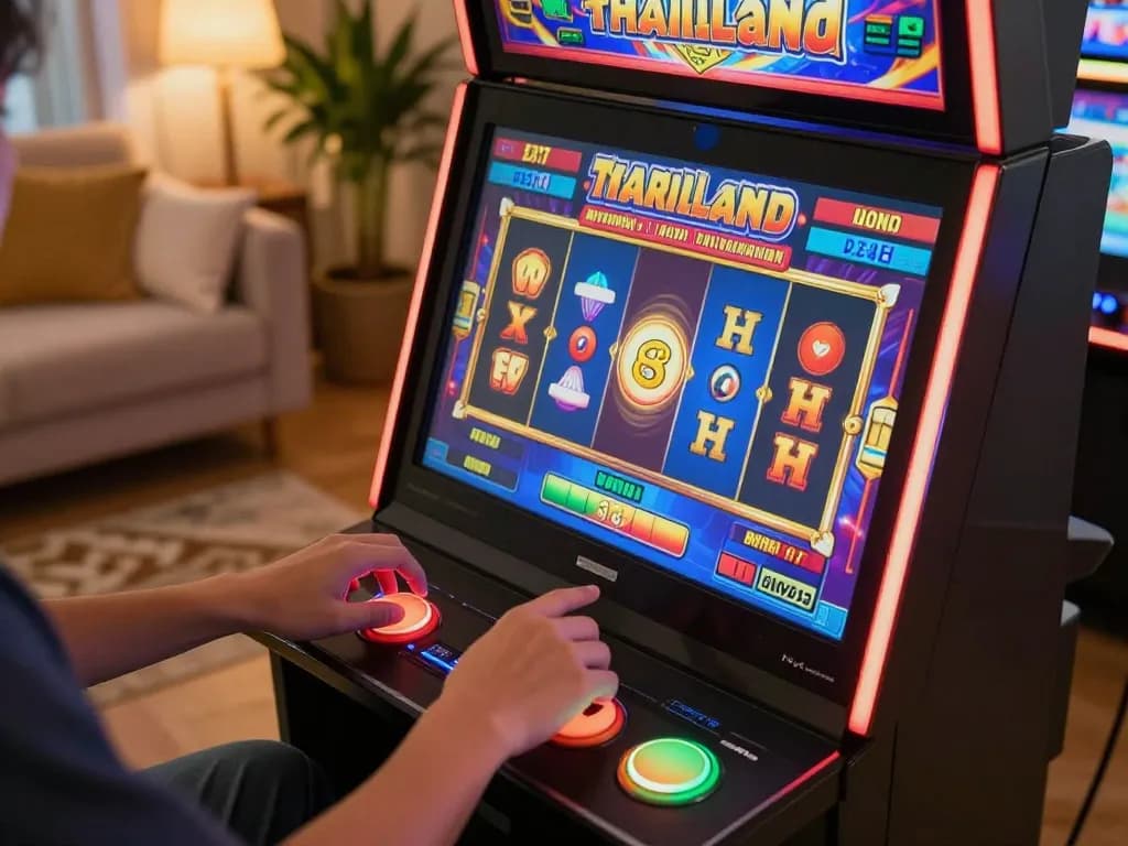 Players enjoying a thrilling session on thailand slot machines in a cozy home setting, engaging in exciting online gaming.