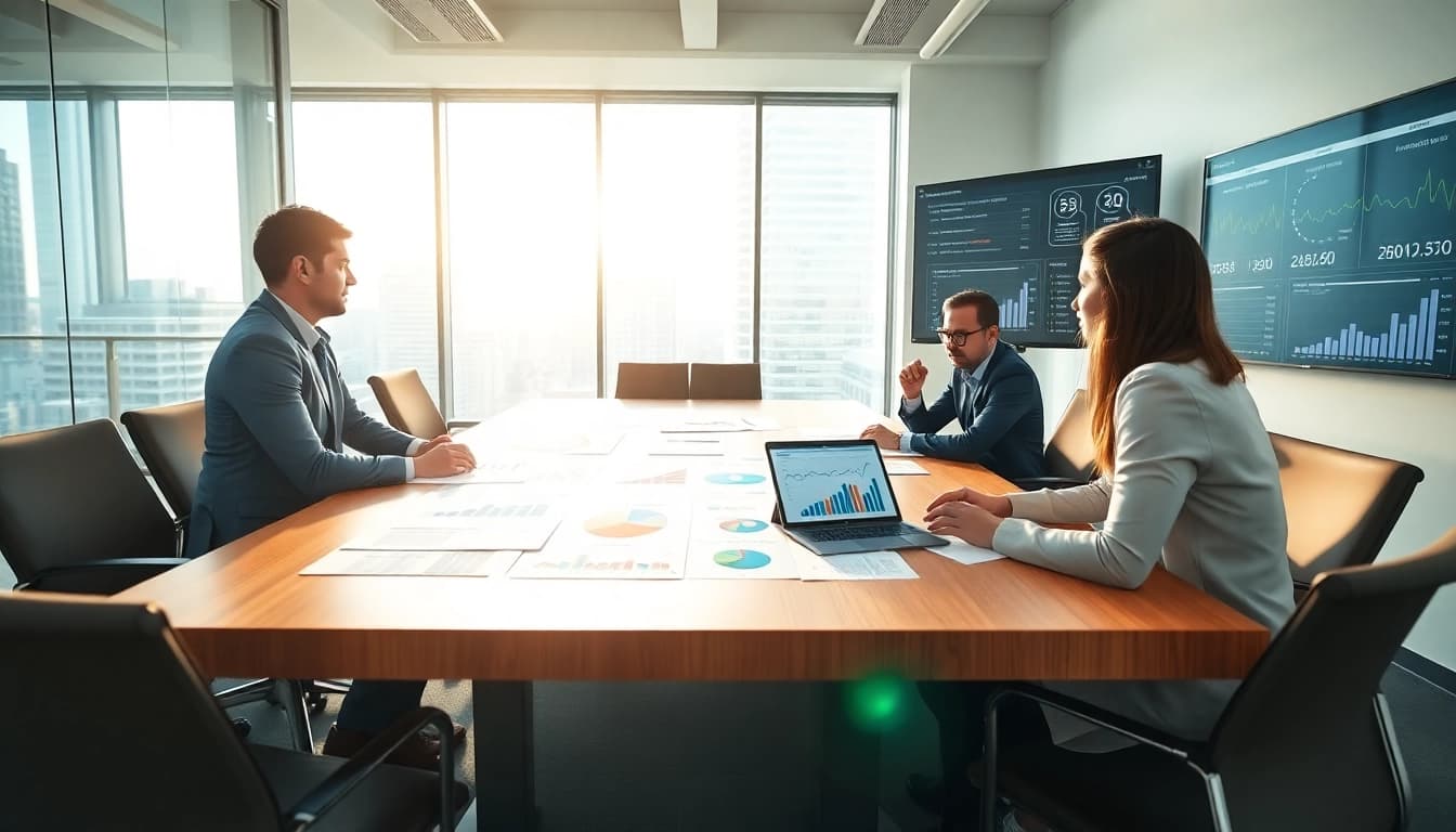 Discussing competitor pricing strategies in a professional business meeting with charts.