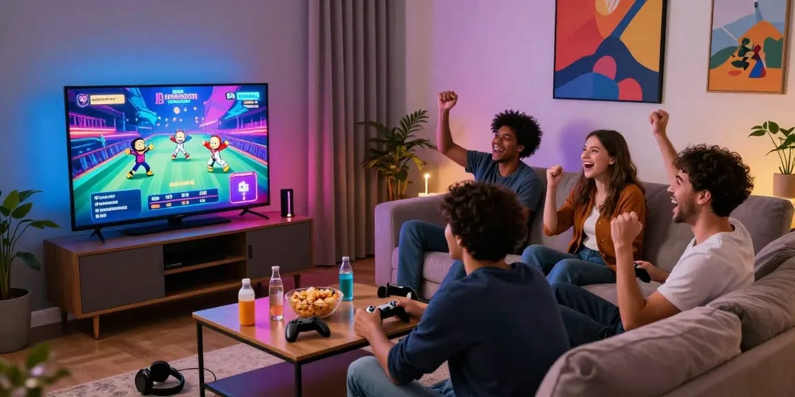Group of friends enjoying free porn games in a vibrant living room, showcasing engagement and excitement.