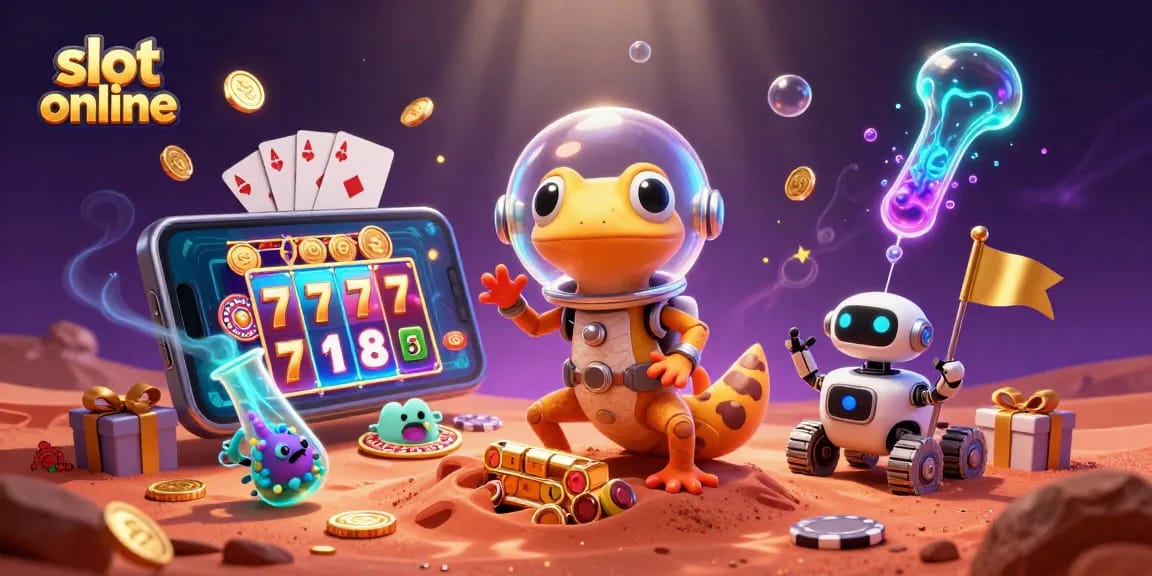 Slot online menggambarkan gecko Martian menemukan kasino emas di Mars dengan elemen permainan menarik.