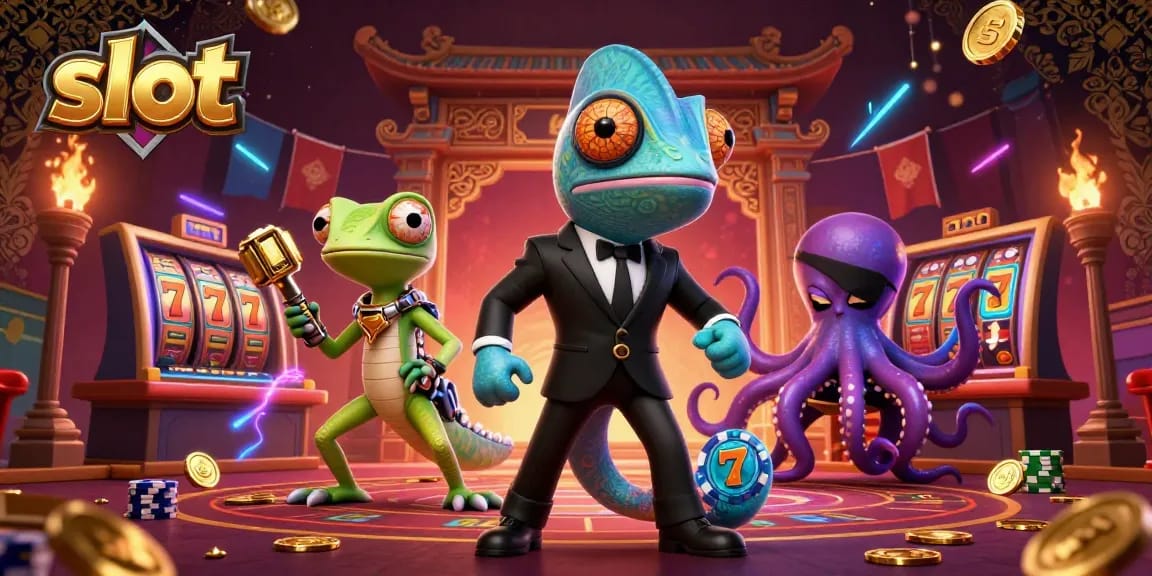 Experience thrilling action in slot games with this vibrant 3D illustration showcasing a chameleon agent and his companions.