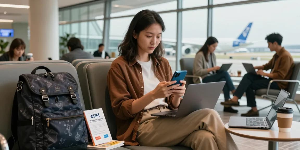 Checking eSIM优惠券 (eSIM yōuhuìquàn) deals in an airport lounge with travel gear.