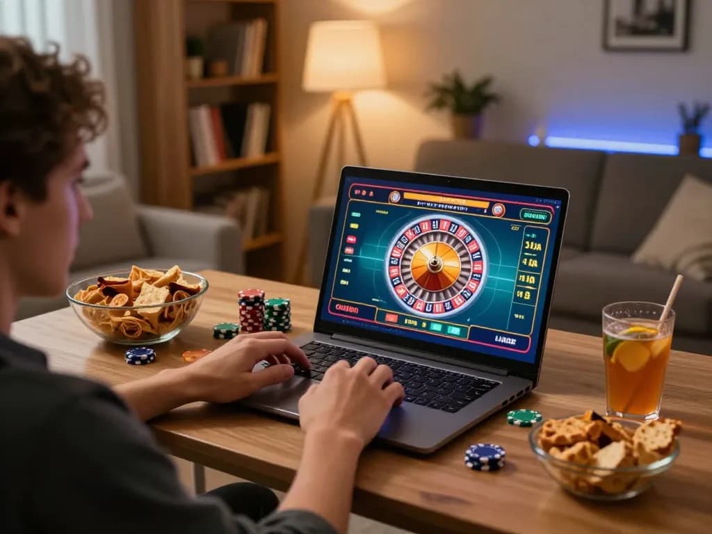 Engaging gameplay at casinò online italiani non aams, showing a player focused on a spinning roulette wheel on their laptop.