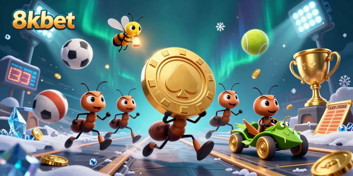 8kbet ants transporting a giant poker chip in a dynamic heist scene with sports action elements.