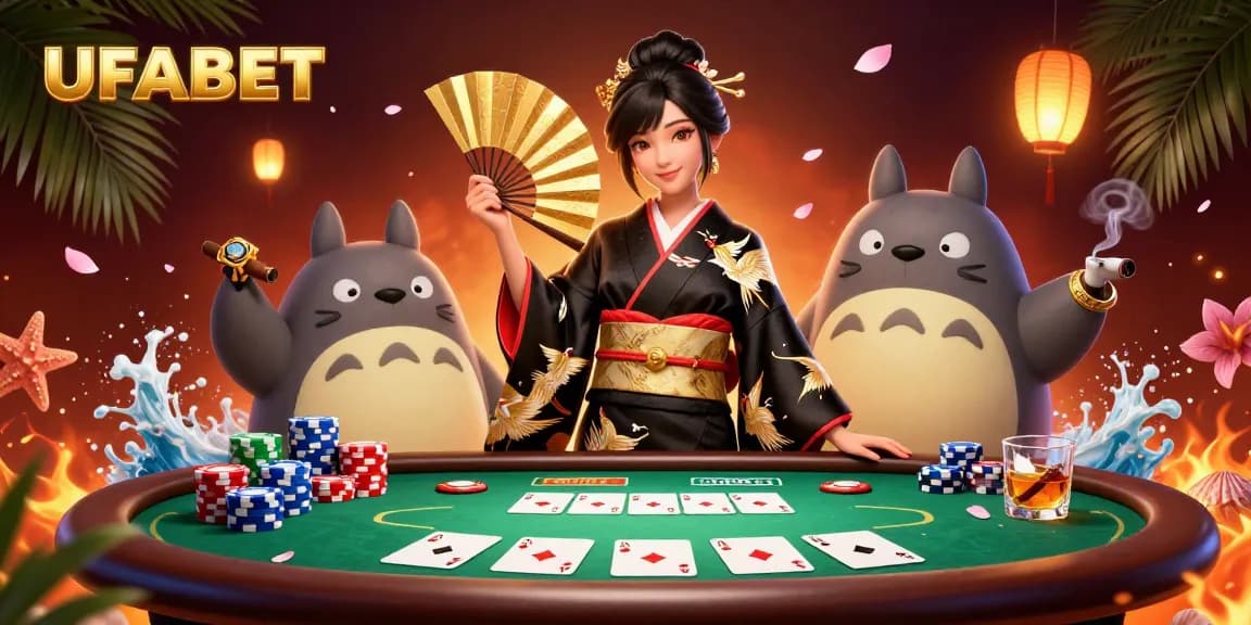 Play dynamic poker with UFABET featuring vibrant 3D illustration of an elegant woman and themed elements.