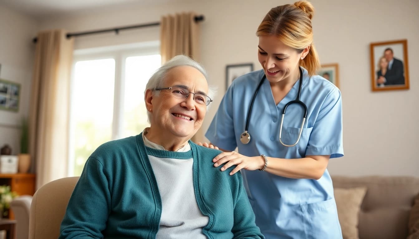 Elderly in home care near me, depicting a caregiver assisting a senior in a cozy living room.