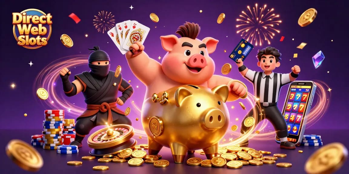Experience exciting action with Direct Web Slots featuring a golden piggy bank sumo wrestler, wallet-ninja, and samurai referee.